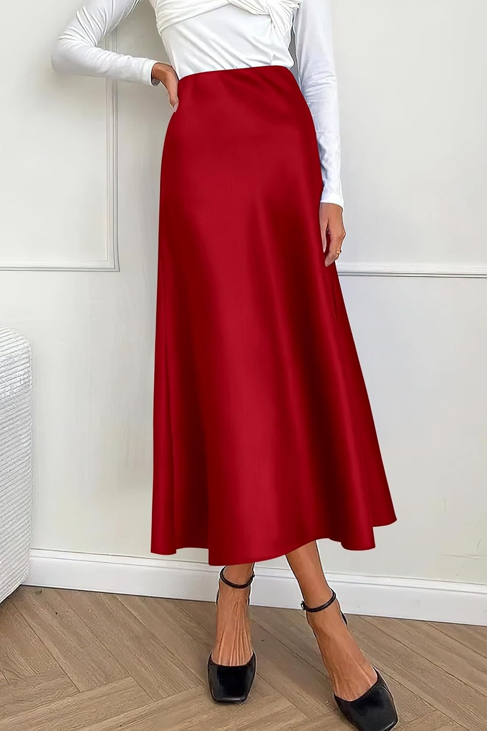 image:imagePRETTYGARDEN Womens Satin Midi Skirts Dressy CasualDark Red