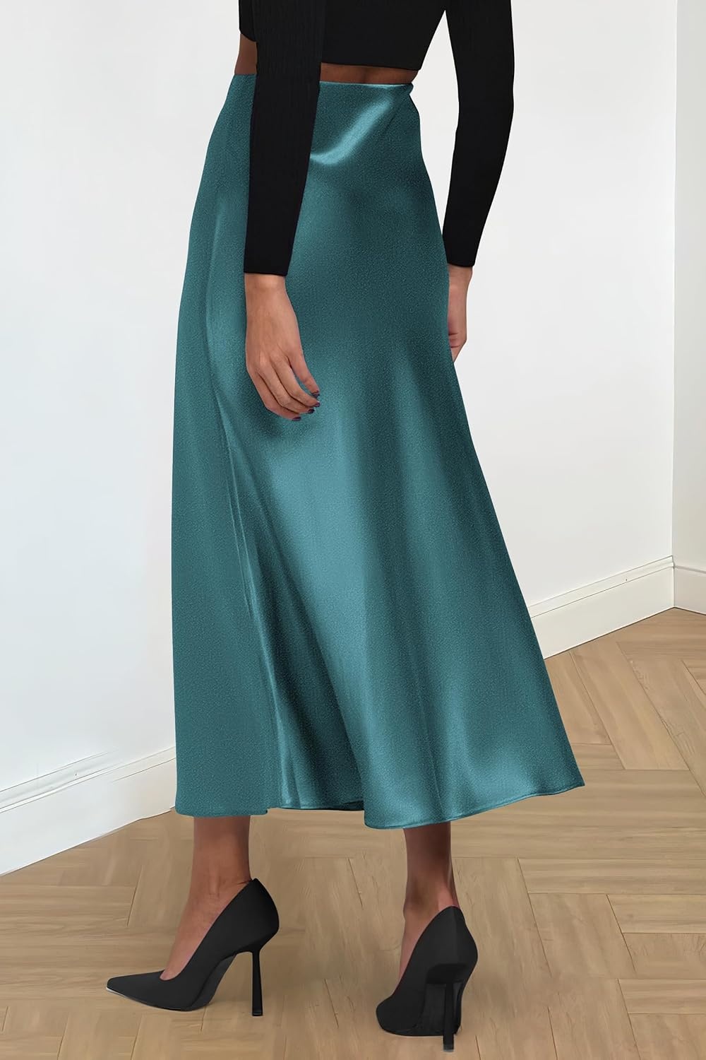 image:imagePRETTYGARDEN Womens Satin Midi Skirts Dressy CasualLake Blue