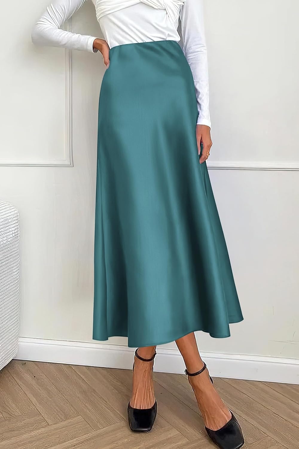 image:imagePRETTYGARDEN Womens Satin Midi Skirts Dressy CasualLake Blue