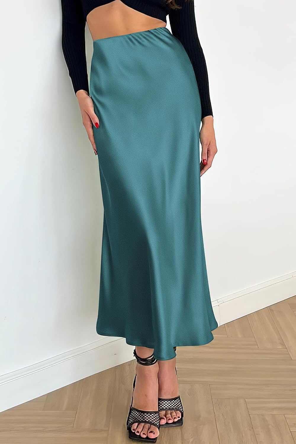 image:imagePRETTYGARDEN Womens Satin Midi Skirts Dressy CasualLake Blue