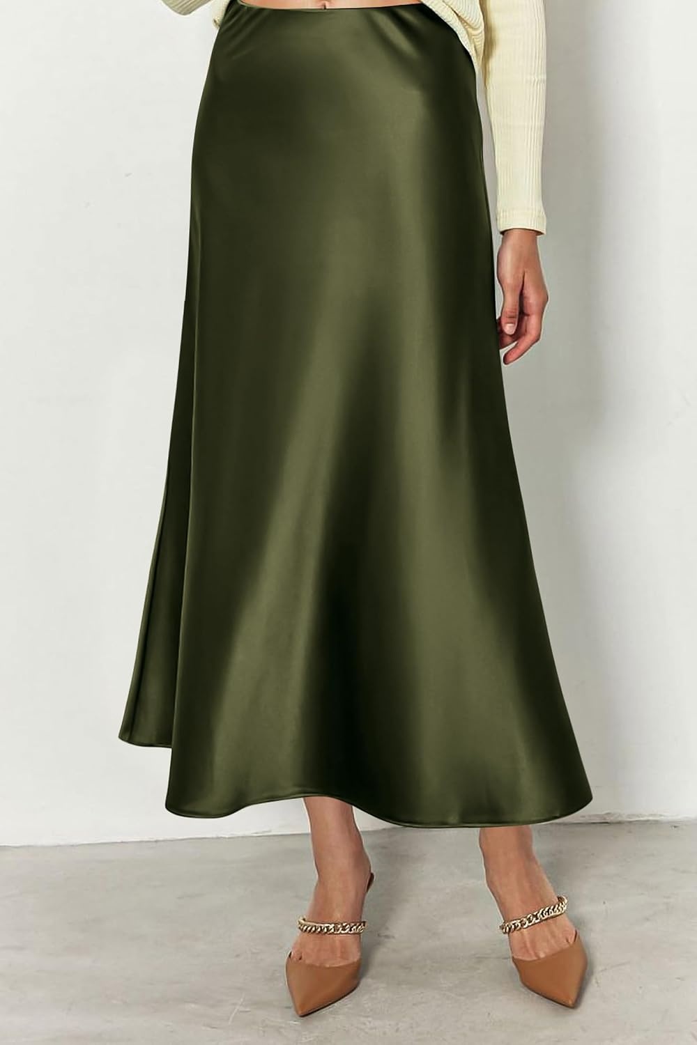 image:imagePRETTYGARDEN Womens Satin Midi Skirts Dressy CasualLight Army Green