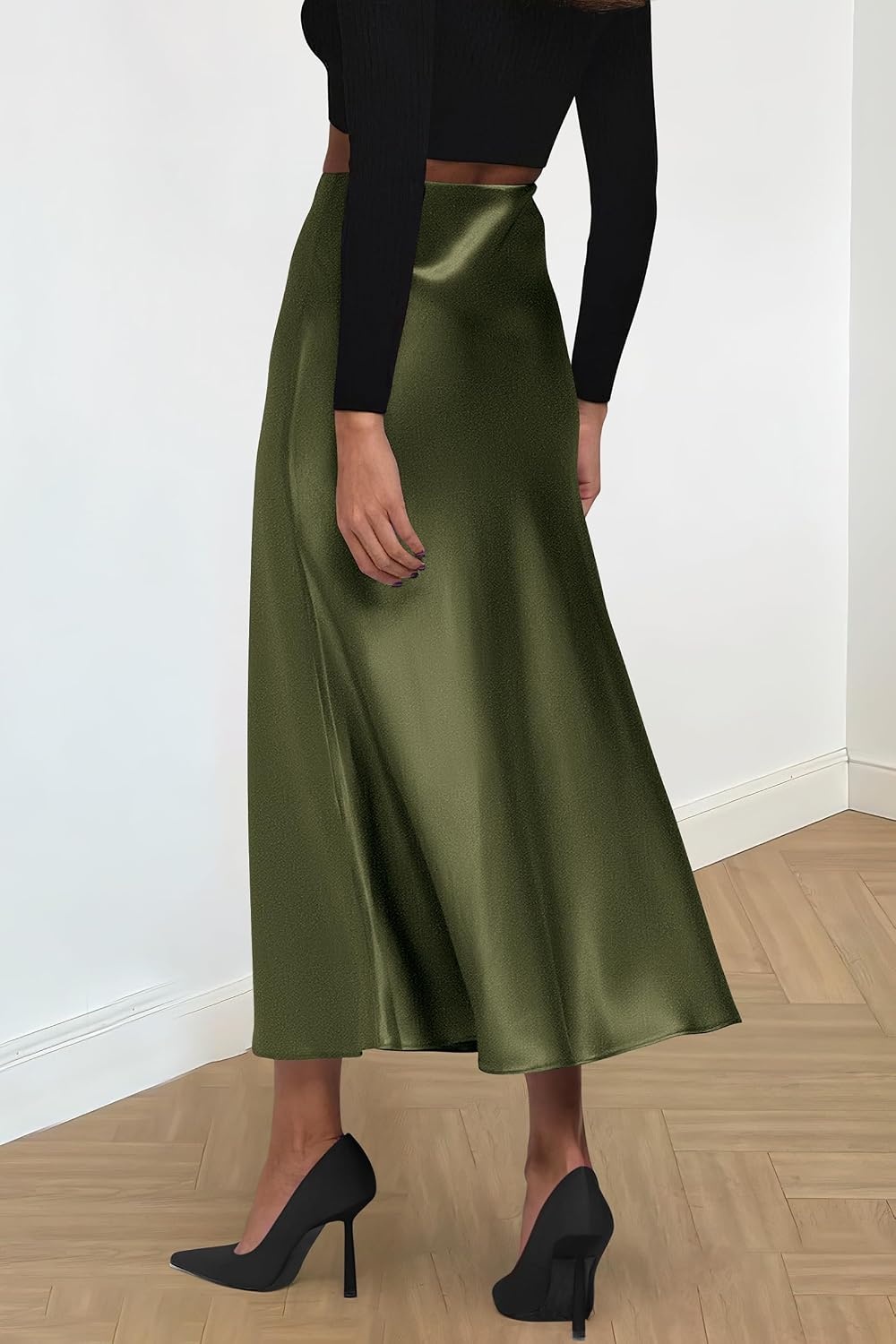 image:imagePRETTYGARDEN Womens Satin Midi Skirts Dressy CasualLight Army Green