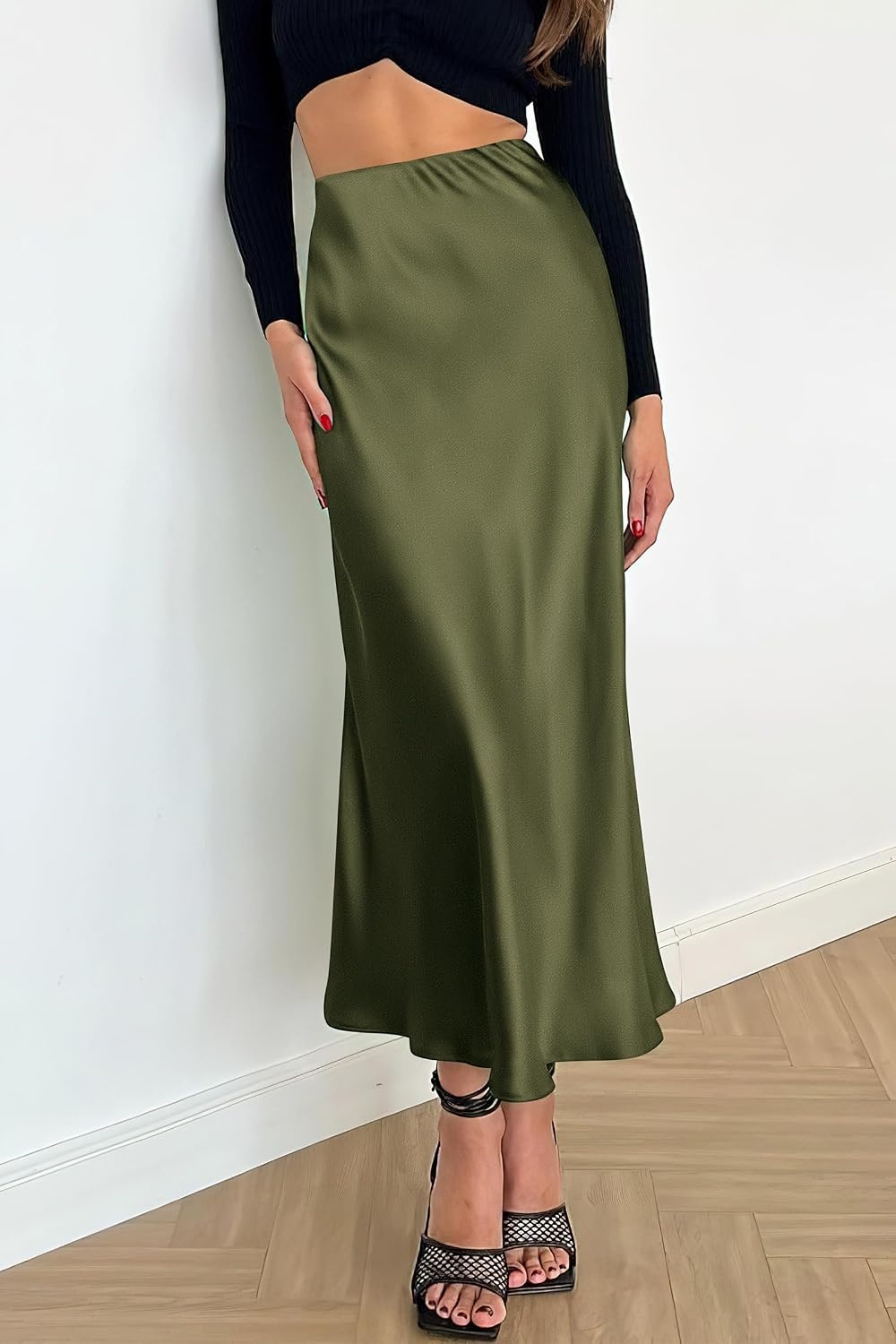 image:imagePRETTYGARDEN Womens Satin Midi Skirts Dressy CasualLight Army Green