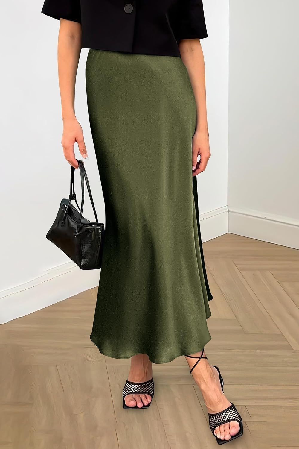 image:imagePRETTYGARDEN Womens Satin Midi Skirts Dressy CasualLight Army Green