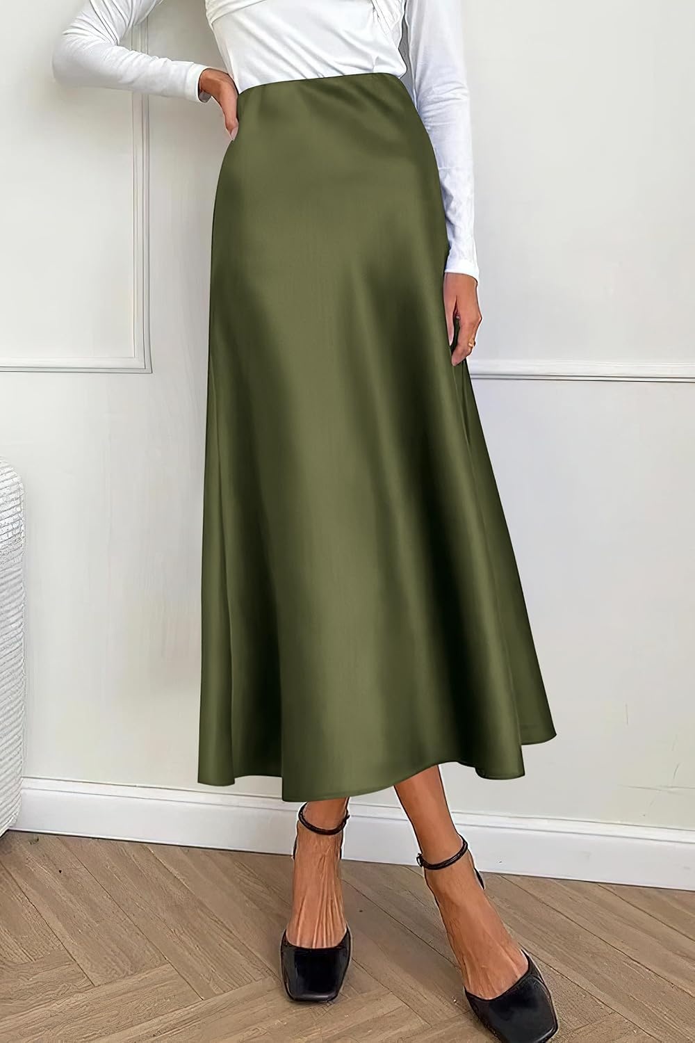 image:imagePRETTYGARDEN Womens Satin Midi Skirts Dressy CasualLight Army Green