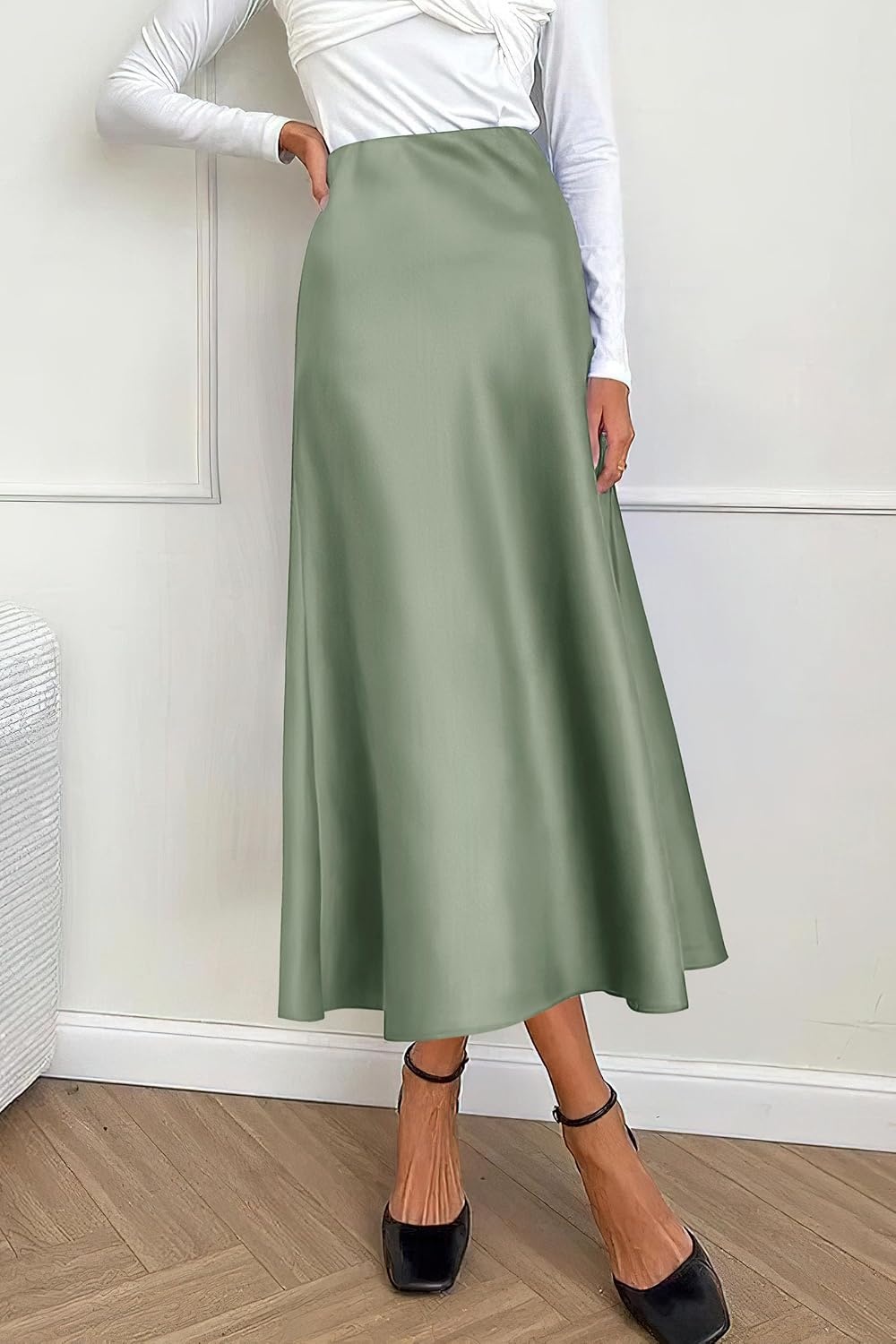 image:imagePRETTYGARDEN Womens Satin Midi Skirts Dressy CasualLight Green