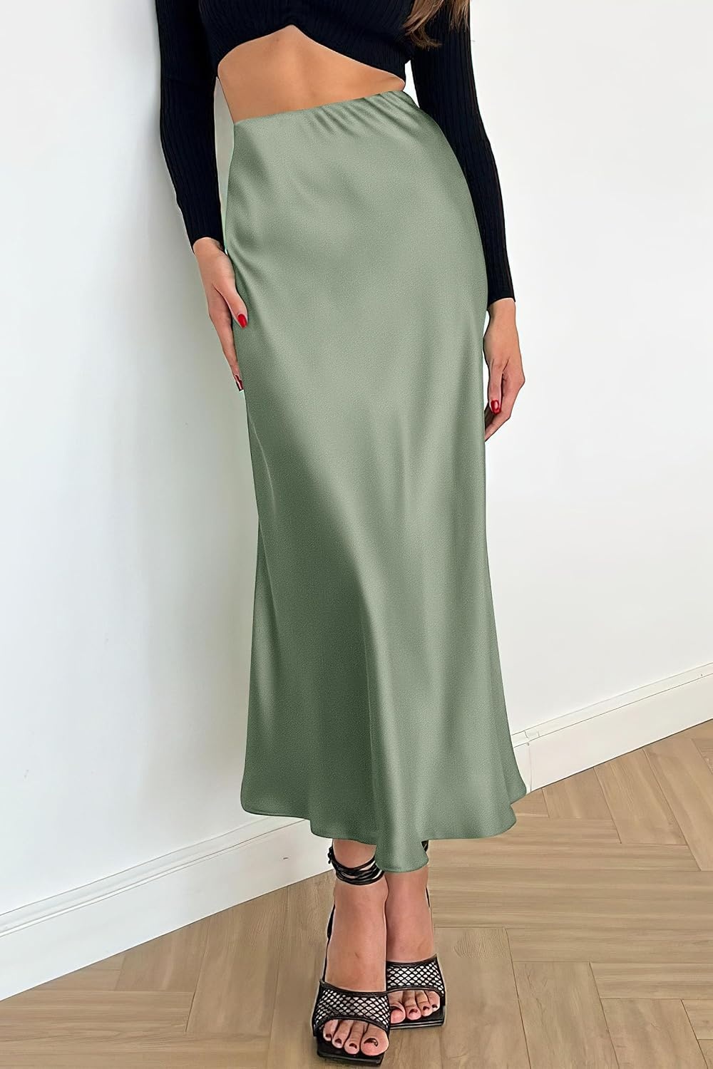 image:imagePRETTYGARDEN Womens Satin Midi Skirts Dressy CasualLight Green