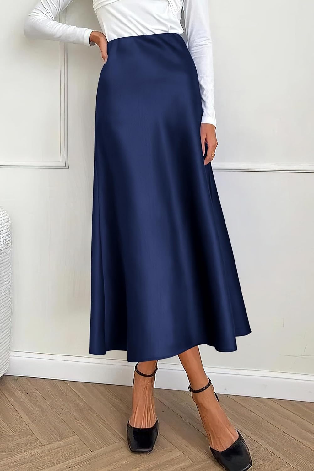 image:imagePRETTYGARDEN Womens Satin Midi Skirts Dressy CasualNavy