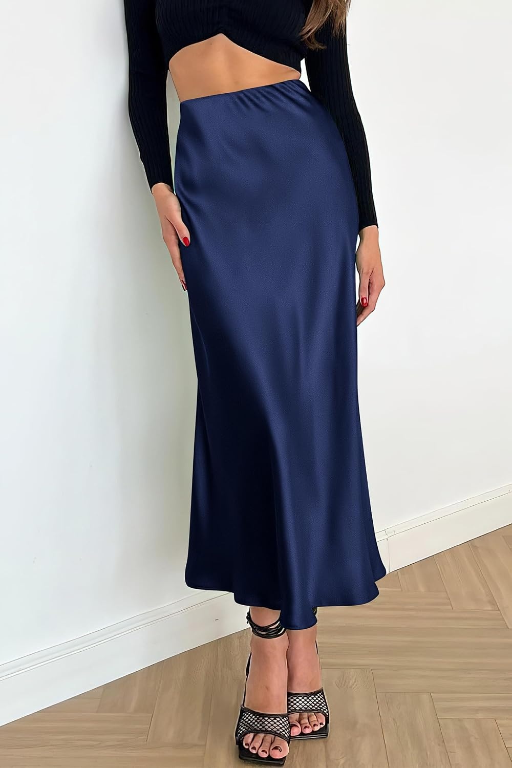 image:imagePRETTYGARDEN Womens Satin Midi Skirts Dressy CasualNavy