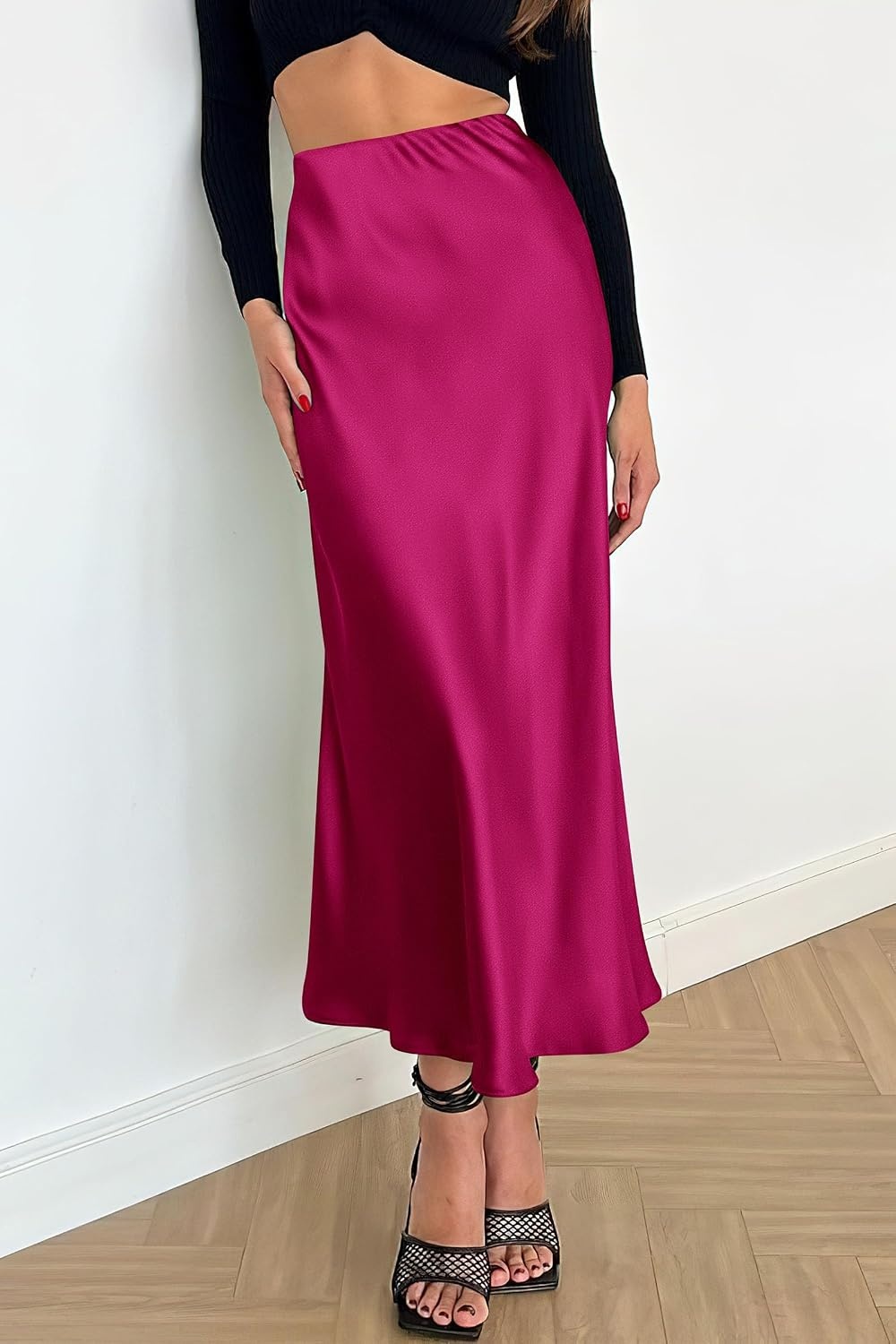 image:imagePRETTYGARDEN Womens Satin Midi Skirts Dressy CasualRose Red