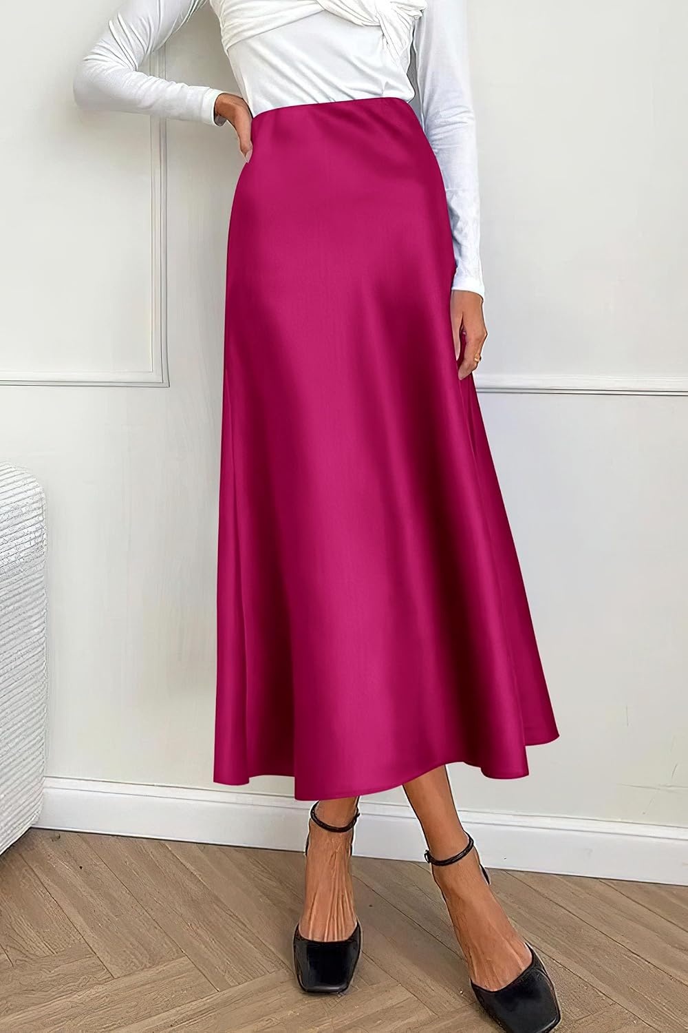 image:imagePRETTYGARDEN Womens Satin Midi Skirts Dressy CasualRose Red