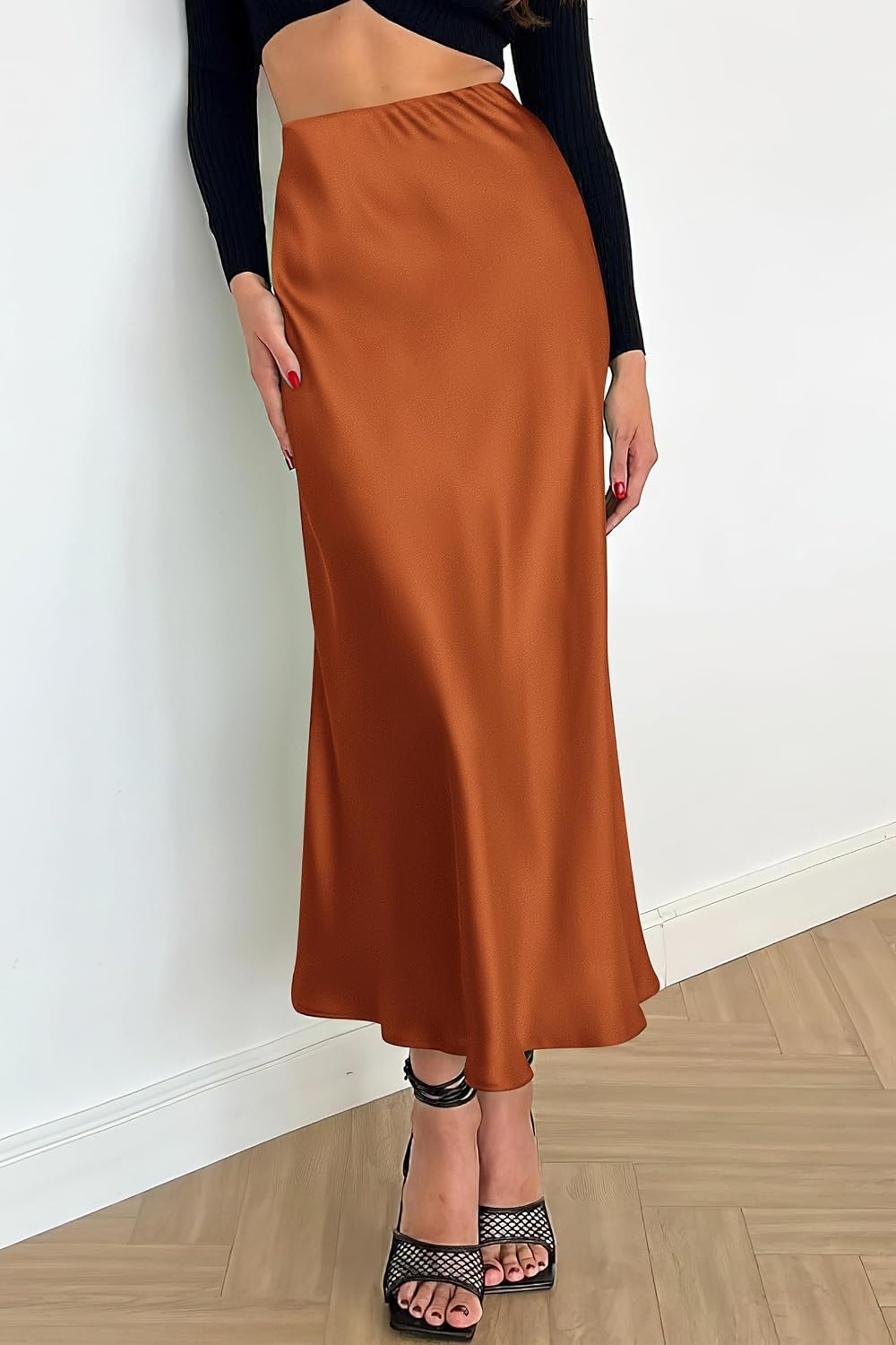 image:imagePRETTYGARDEN Womens Satin Midi Skirts Dressy CasualRust Red