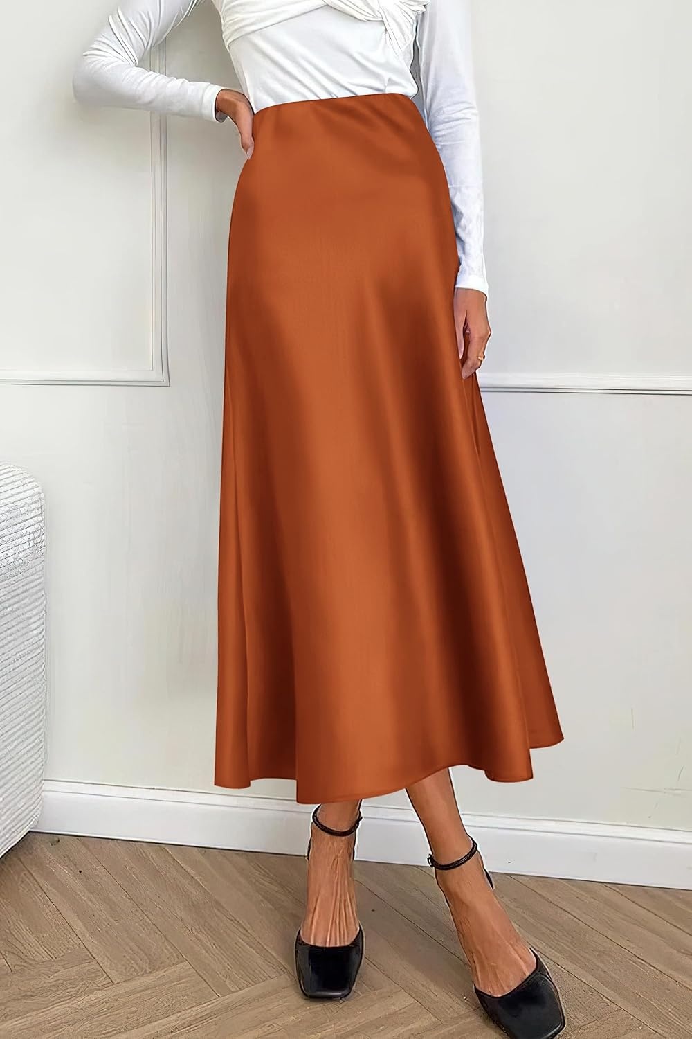image:imagePRETTYGARDEN Womens Satin Midi Skirts Dressy CasualRust Red