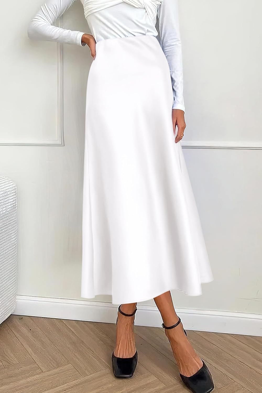 image:imagePRETTYGARDEN Womens Satin Midi Skirts Dressy CasualWhite