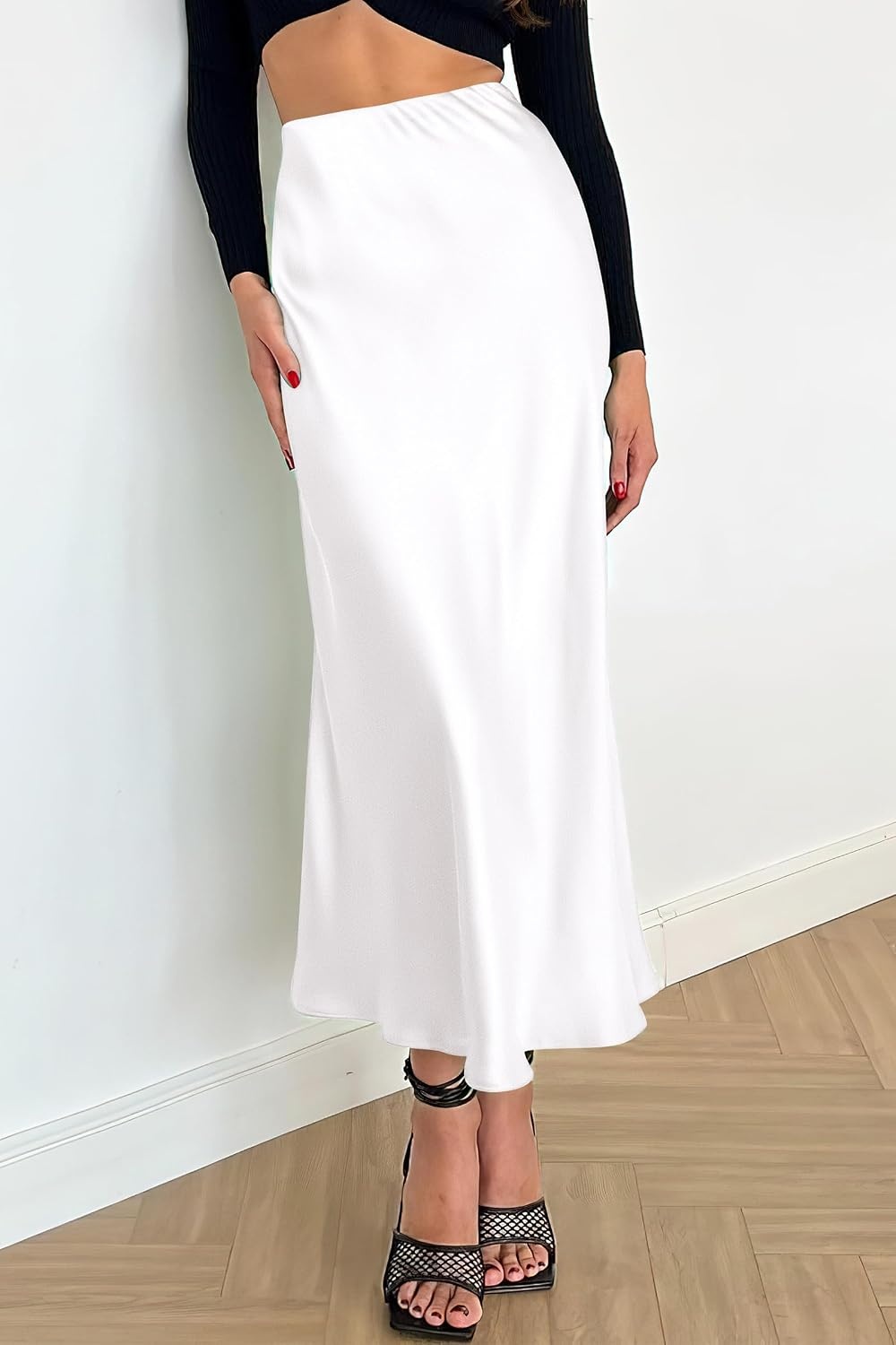 image:imagePRETTYGARDEN Womens Satin Midi Skirts Dressy CasualWhite
