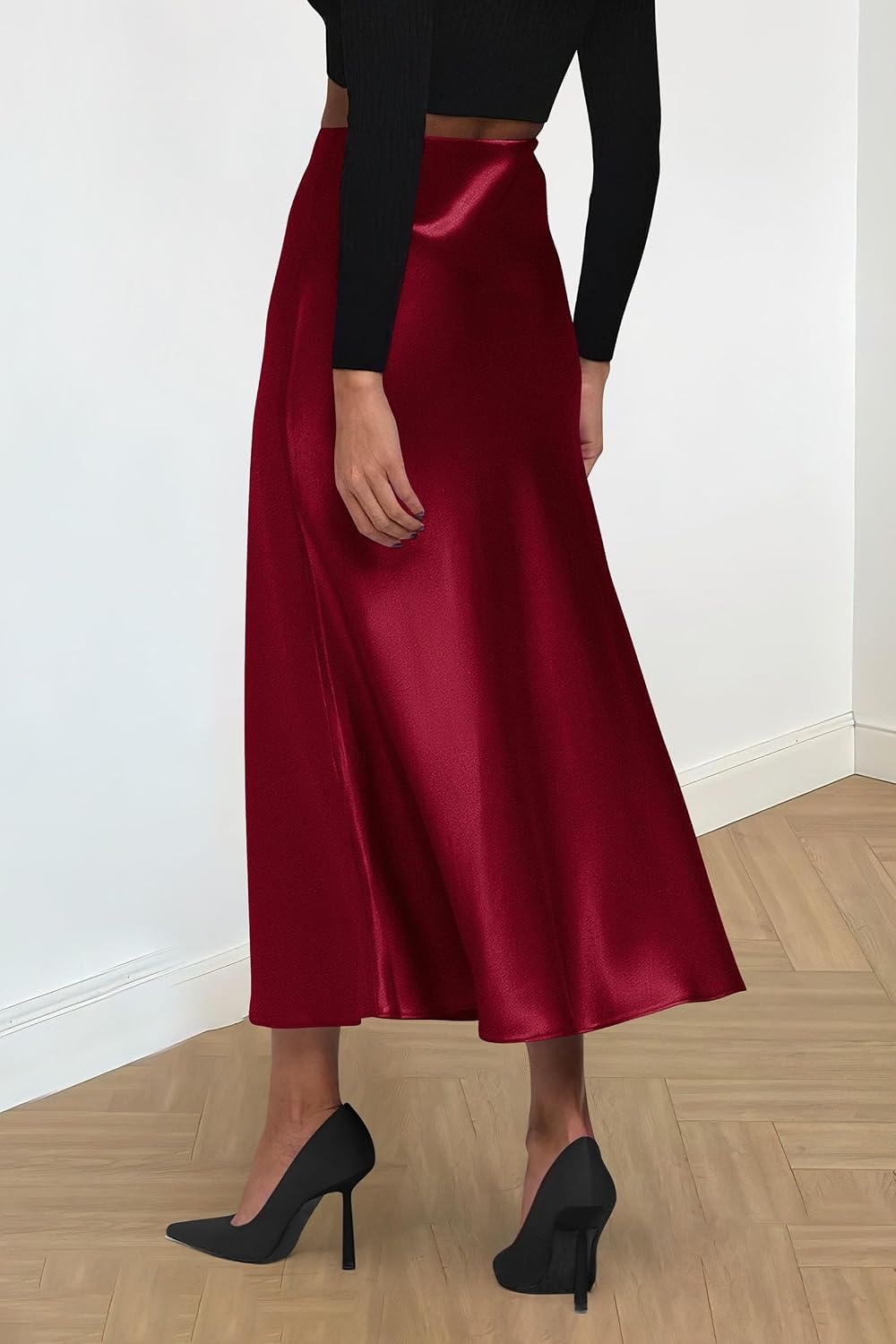 image:imagePRETTYGARDEN Womens Satin Midi Skirts Dressy CasualWine Red