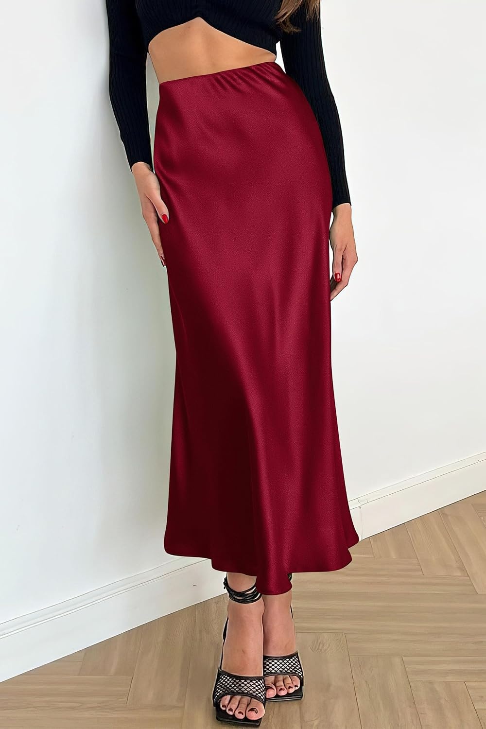 image:imagePRETTYGARDEN Womens Satin Midi Skirts Dressy CasualWine Red