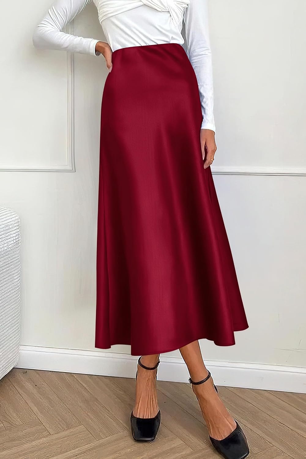 image:imagePRETTYGARDEN Womens Satin Midi Skirts Dressy CasualWine Red