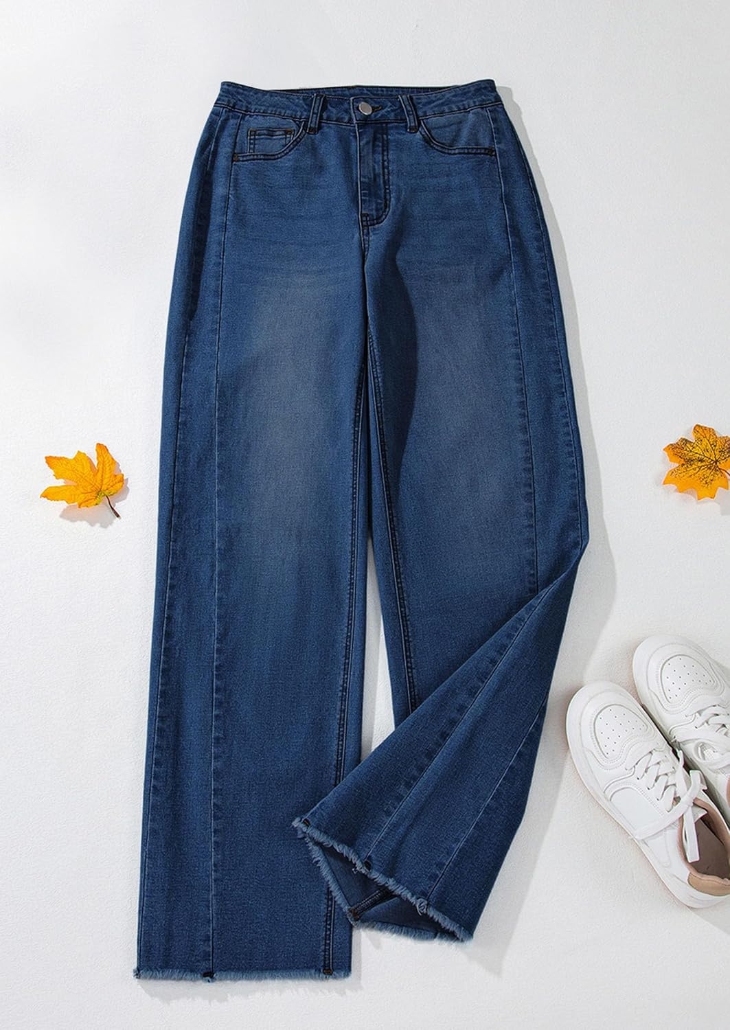 image:imagePRETTYGARDEN Womens Wide Leg Jeans Raw Hem Denim PantsBluing