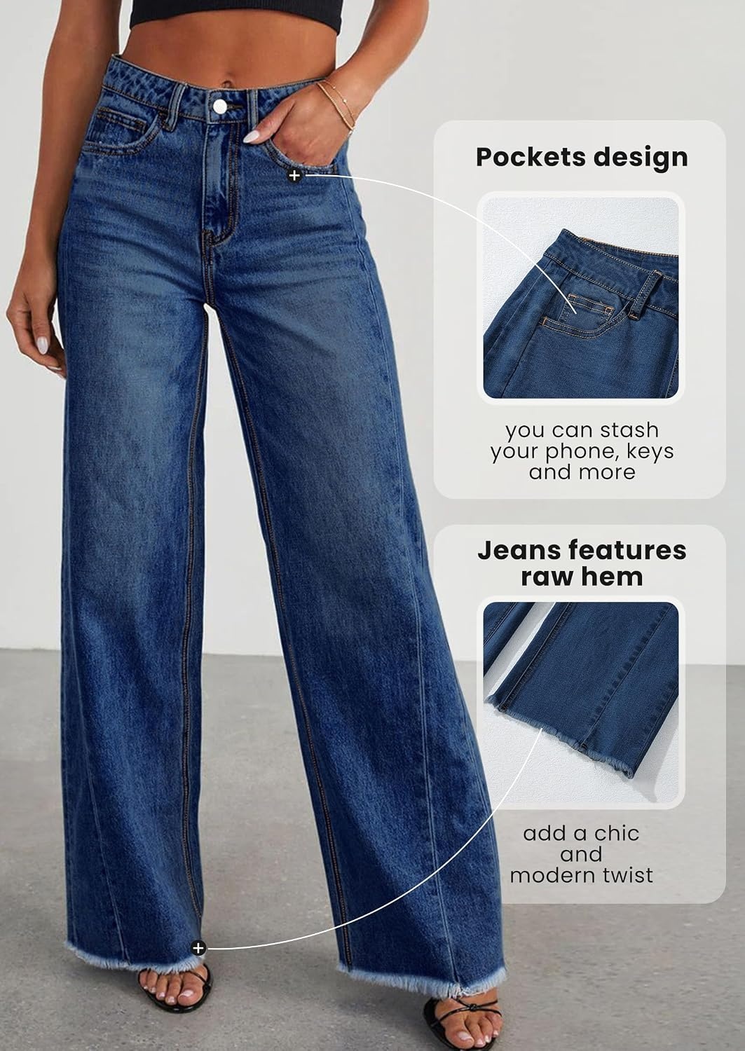 image:imagePRETTYGARDEN Womens Wide Leg Jeans Raw Hem Denim PantsBluing