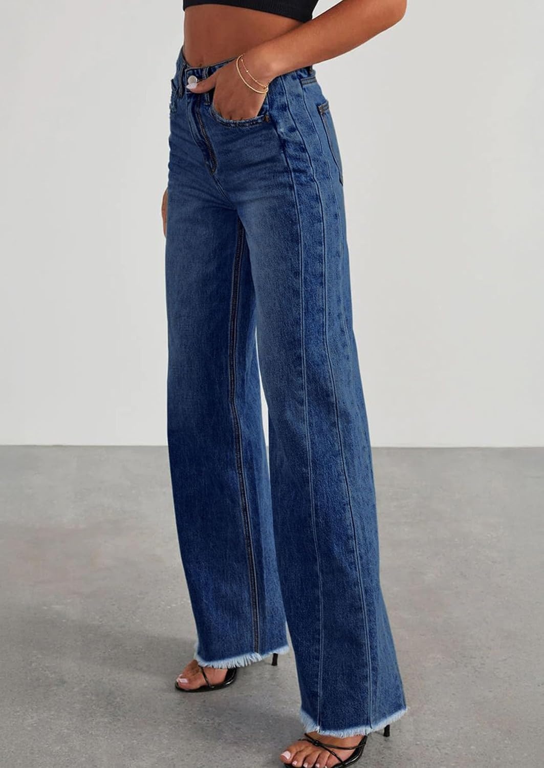 image:imagePRETTYGARDEN Womens Wide Leg Jeans Raw Hem Denim PantsBluing
