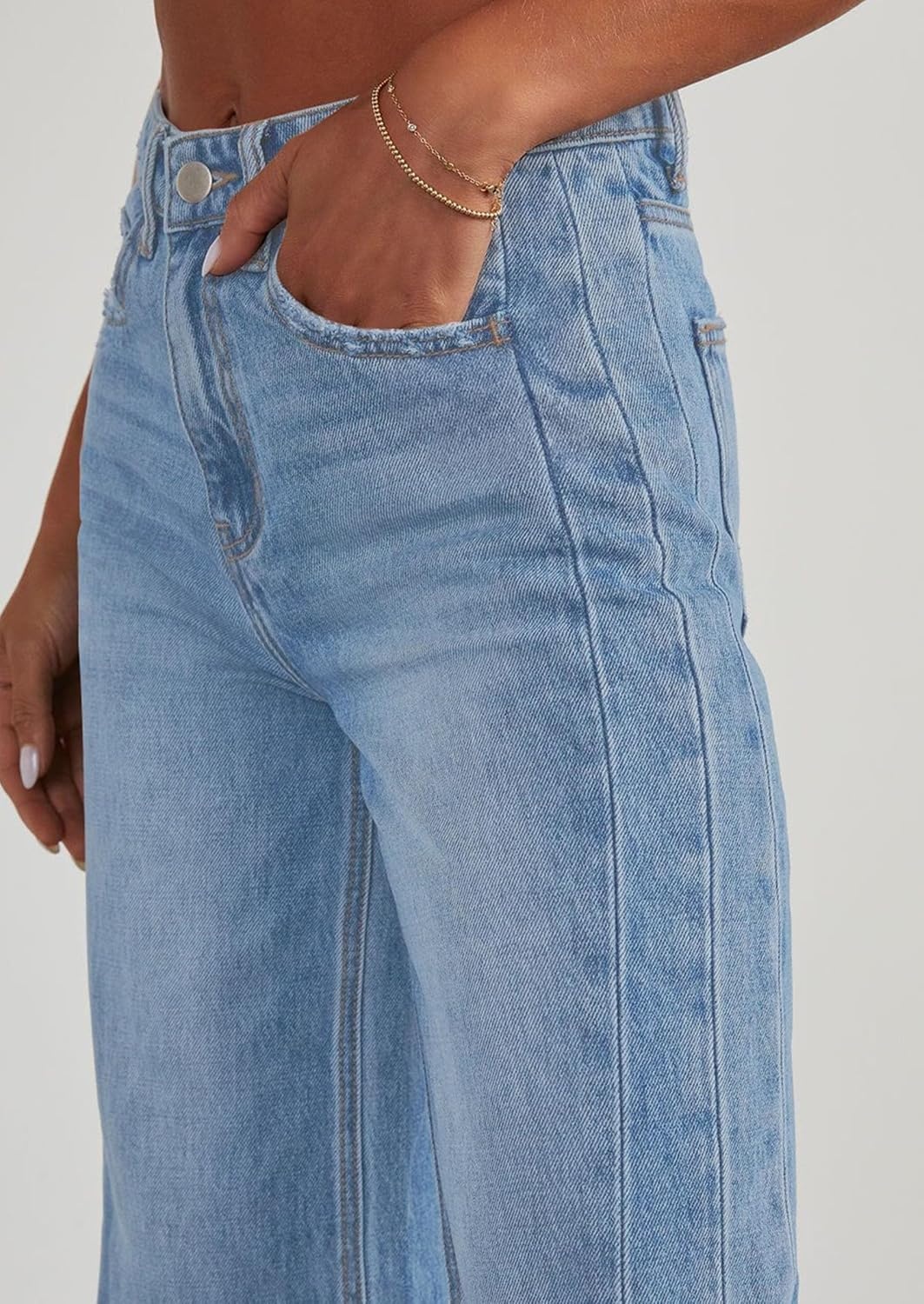 image:imagePRETTYGARDEN Womens Wide Leg Jeans Raw Hem Denim PantsLight Blue