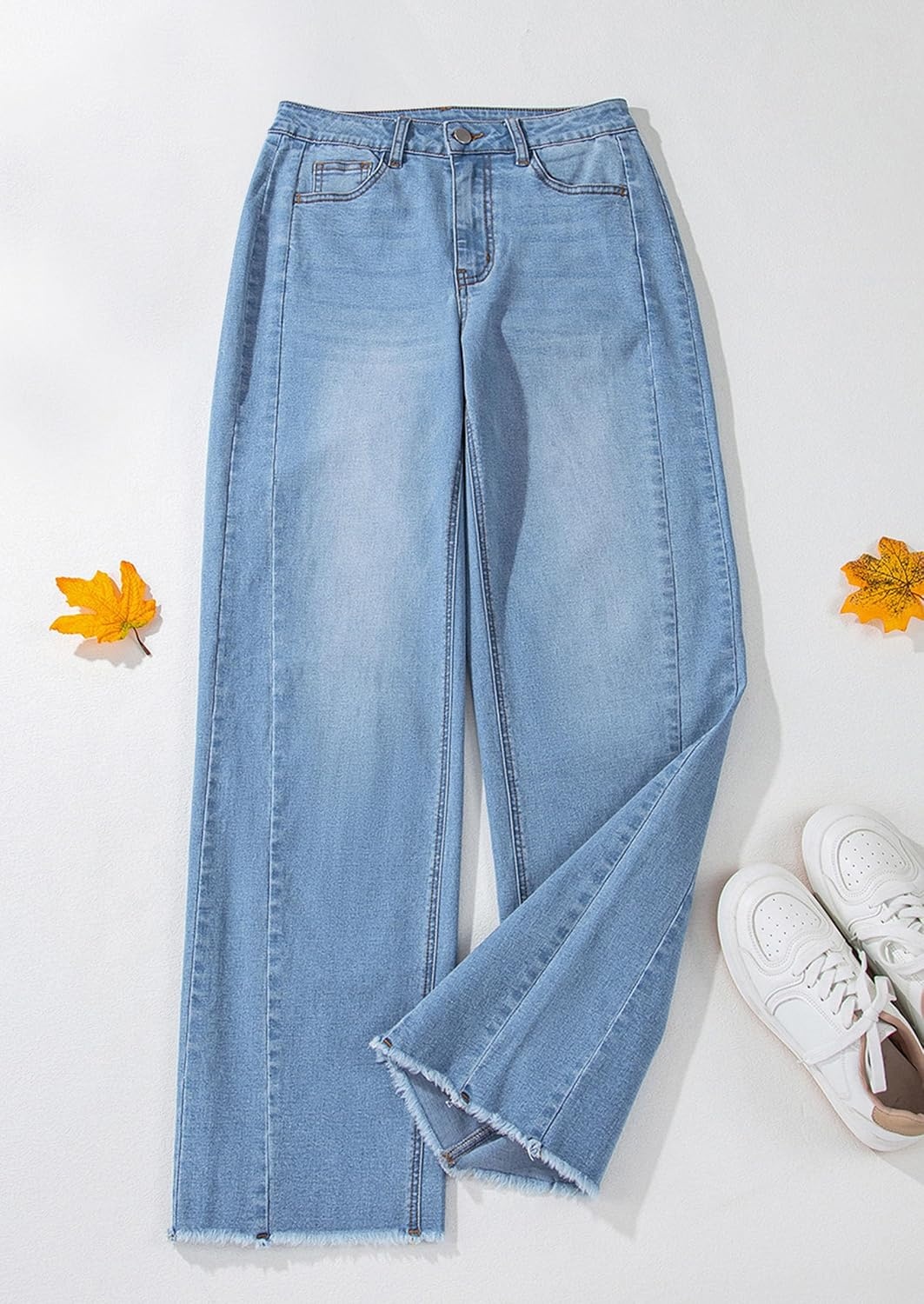 image:imagePRETTYGARDEN Womens Wide Leg Jeans Raw Hem Denim PantsLight Blue