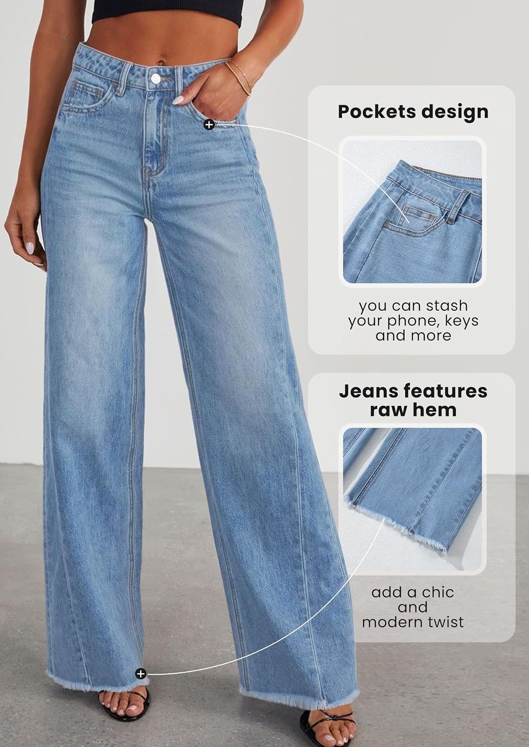 image:imagePRETTYGARDEN Womens Wide Leg Jeans Raw Hem Denim PantsLight Blue