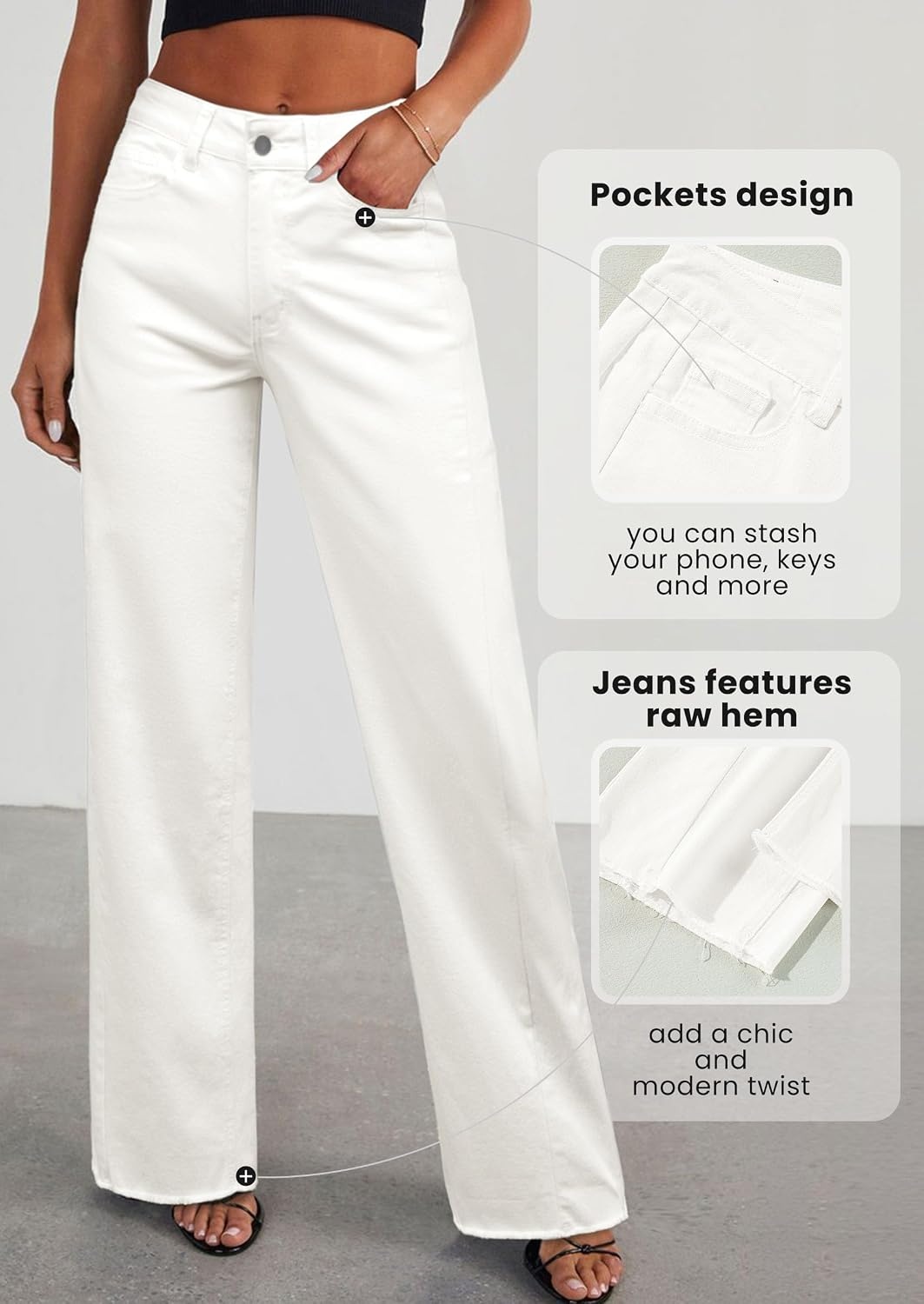 image:imagePRETTYGARDEN Womens Wide Leg Jeans Raw Hem Denim PantsWhite