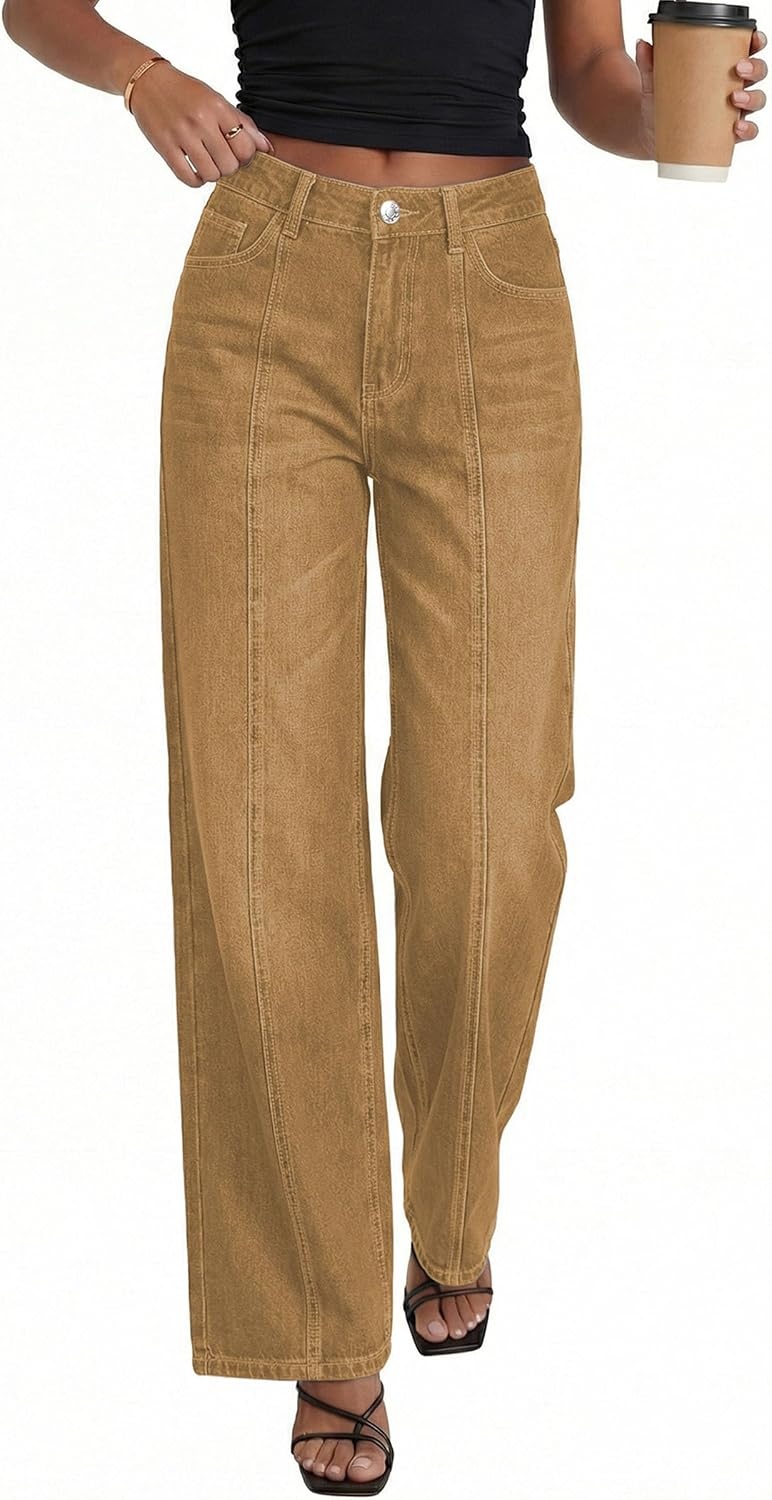 image:imagePRETTYGARDEN Womens Wide Leg Jeans Stretchy Baggy Denim PantsCamel