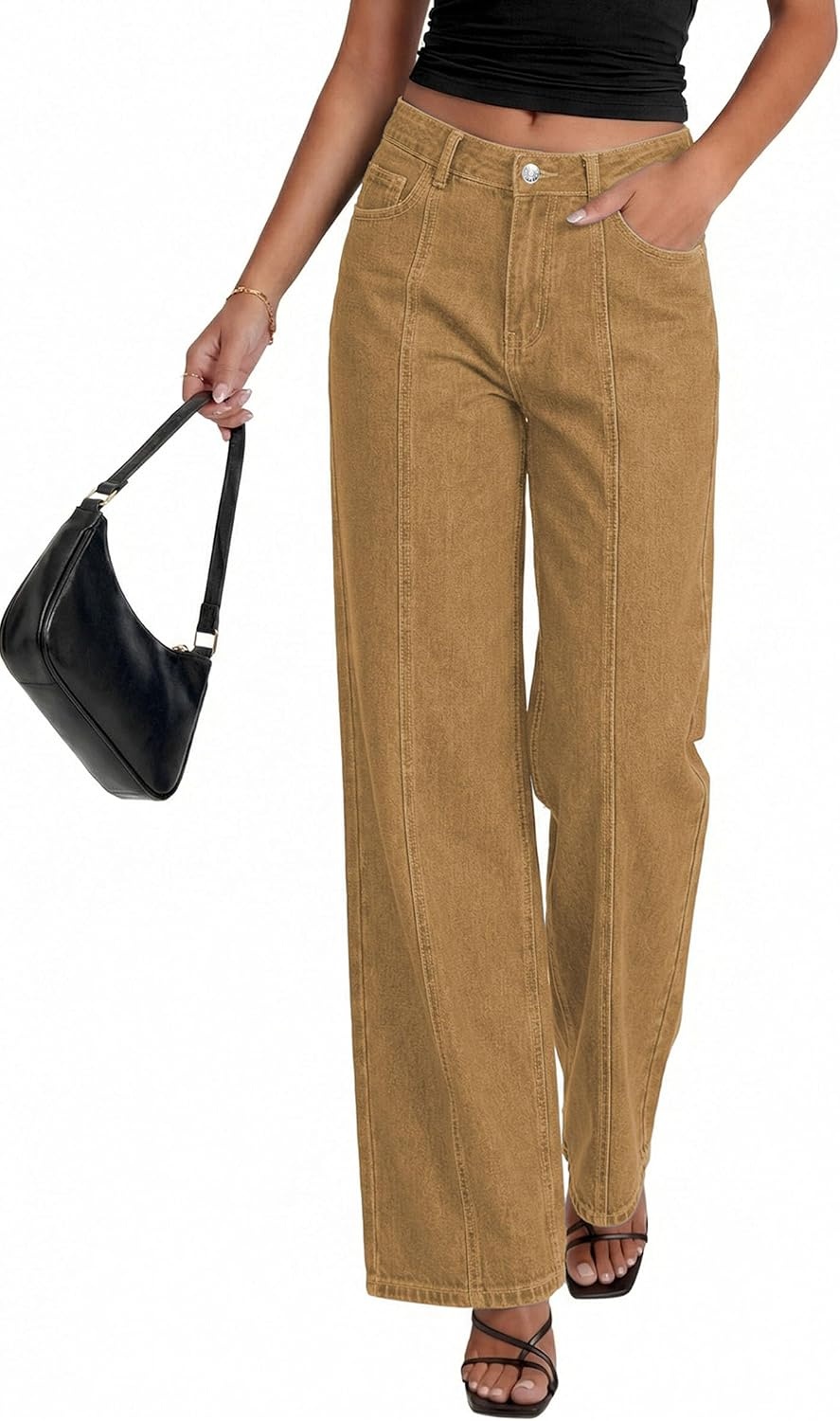 image:imagePRETTYGARDEN Womens Wide Leg Jeans Stretchy Baggy Denim PantsCamel