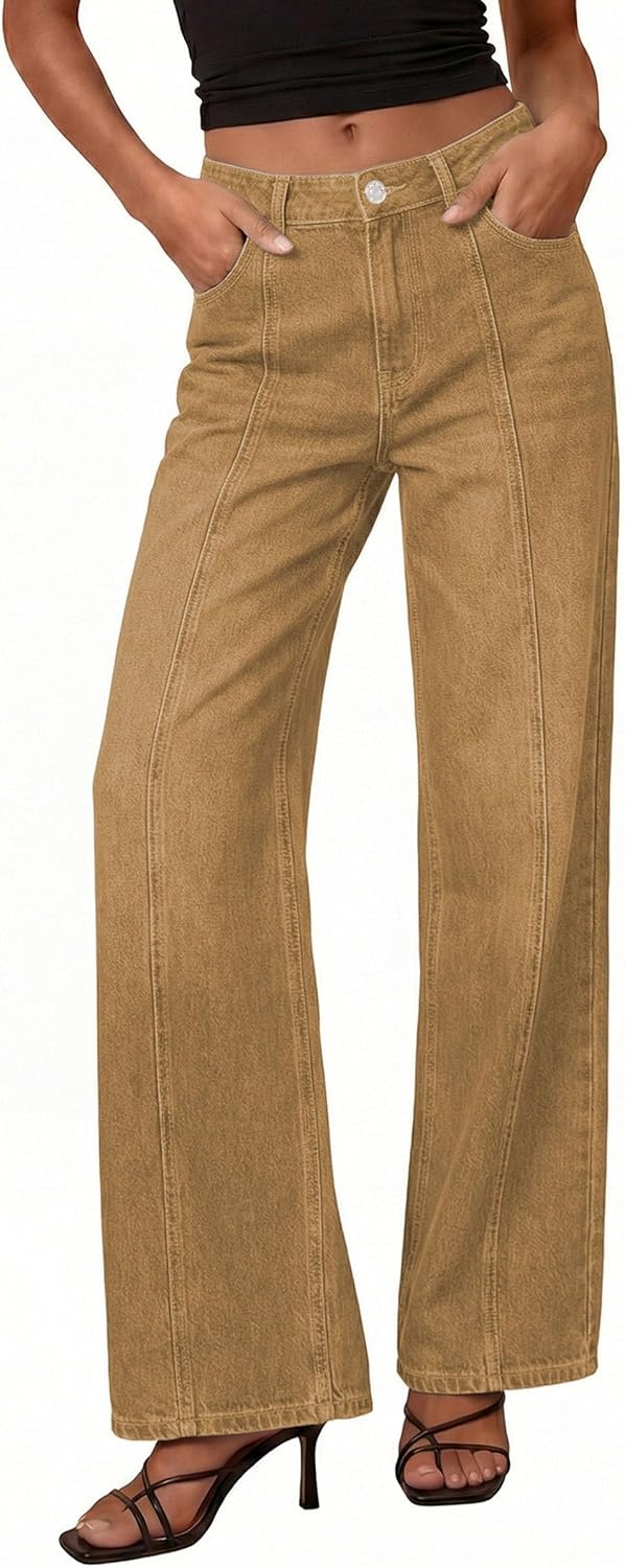 image:imagePRETTYGARDEN Womens Wide Leg Jeans Stretchy Baggy Denim PantsCamel