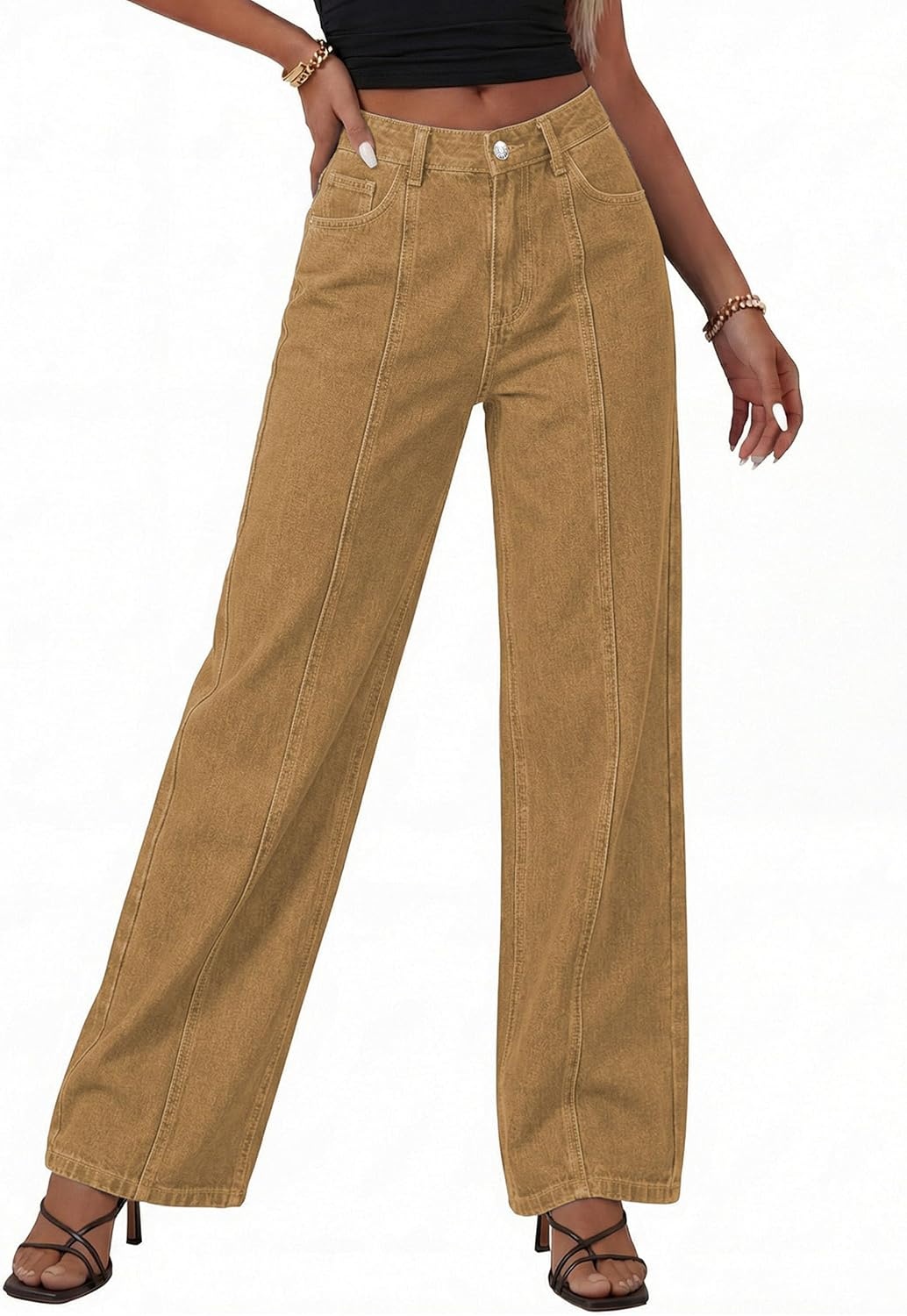 image:imagePRETTYGARDEN Womens Wide Leg Jeans Stretchy Baggy Denim PantsCamel