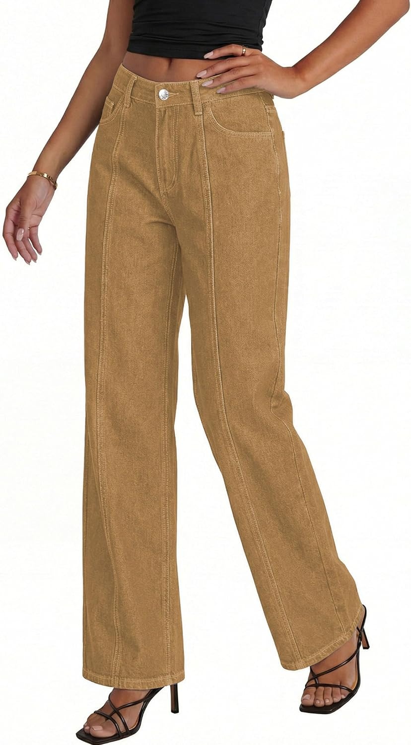 image:imagePRETTYGARDEN Womens Wide Leg Jeans Stretchy Baggy Denim PantsCamel