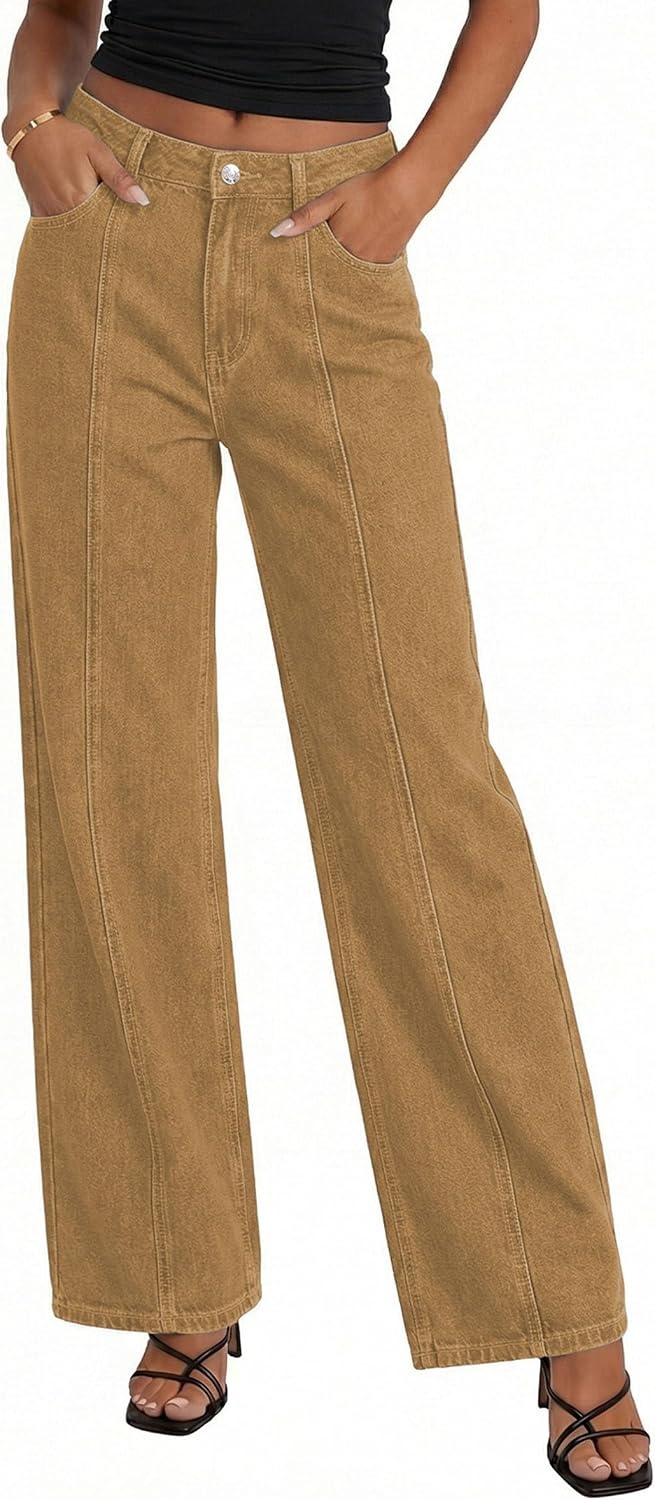image:imagePRETTYGARDEN Womens Wide Leg Jeans Stretchy Baggy Denim PantsCamel