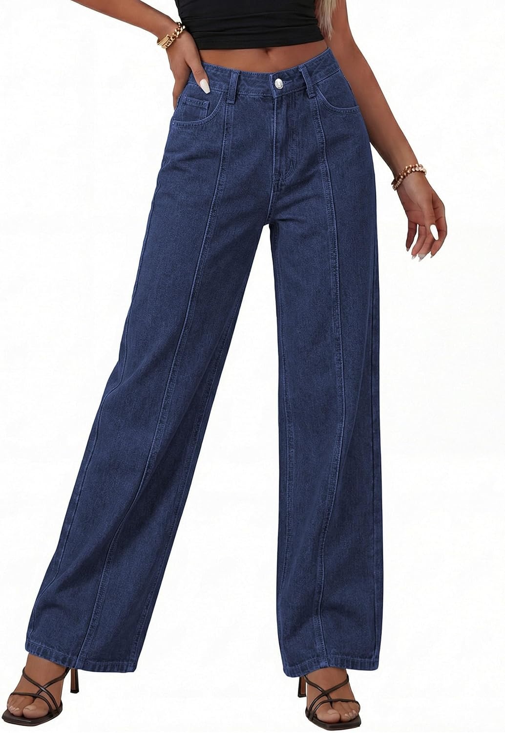 image:imagePRETTYGARDEN Womens Wide Leg Jeans Stretchy Baggy Denim PantsDeep Blue