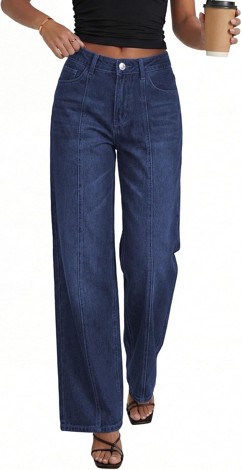 image:imagePRETTYGARDEN Womens Wide Leg Jeans Stretchy Baggy Denim PantsDeep Blue