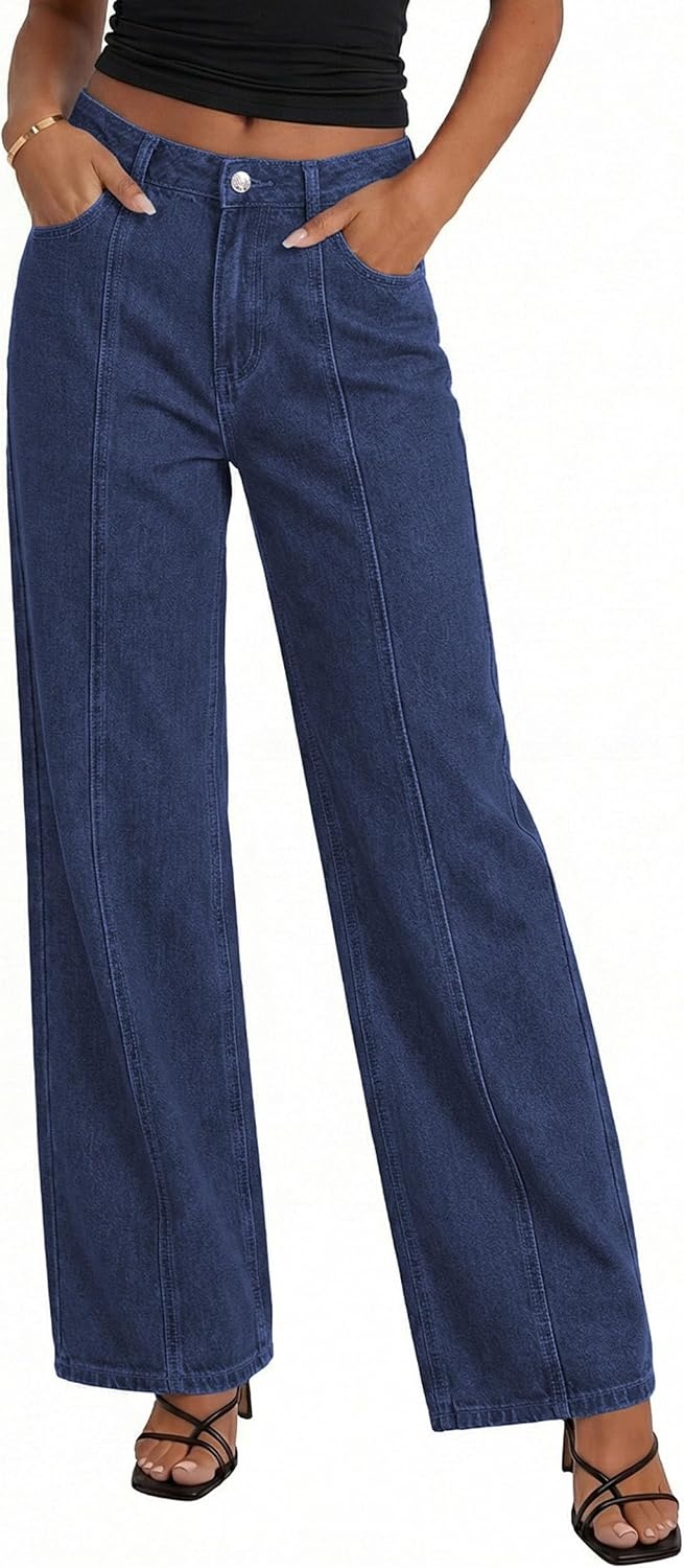image:imagePRETTYGARDEN Womens Wide Leg Jeans Stretchy Baggy Denim PantsDeep Blue