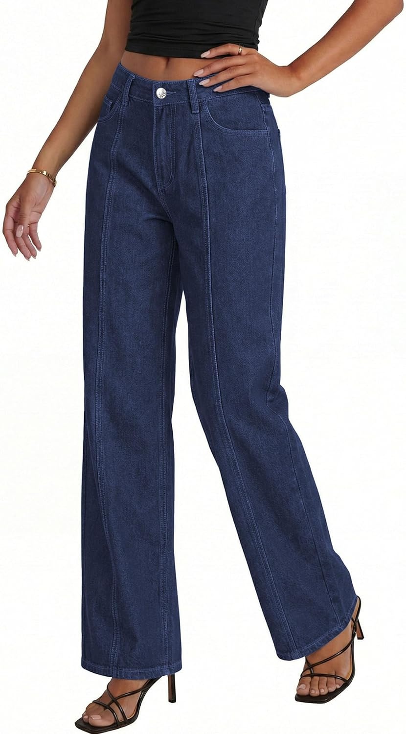image:imagePRETTYGARDEN Womens Wide Leg Jeans Stretchy Baggy Denim PantsDeep Blue