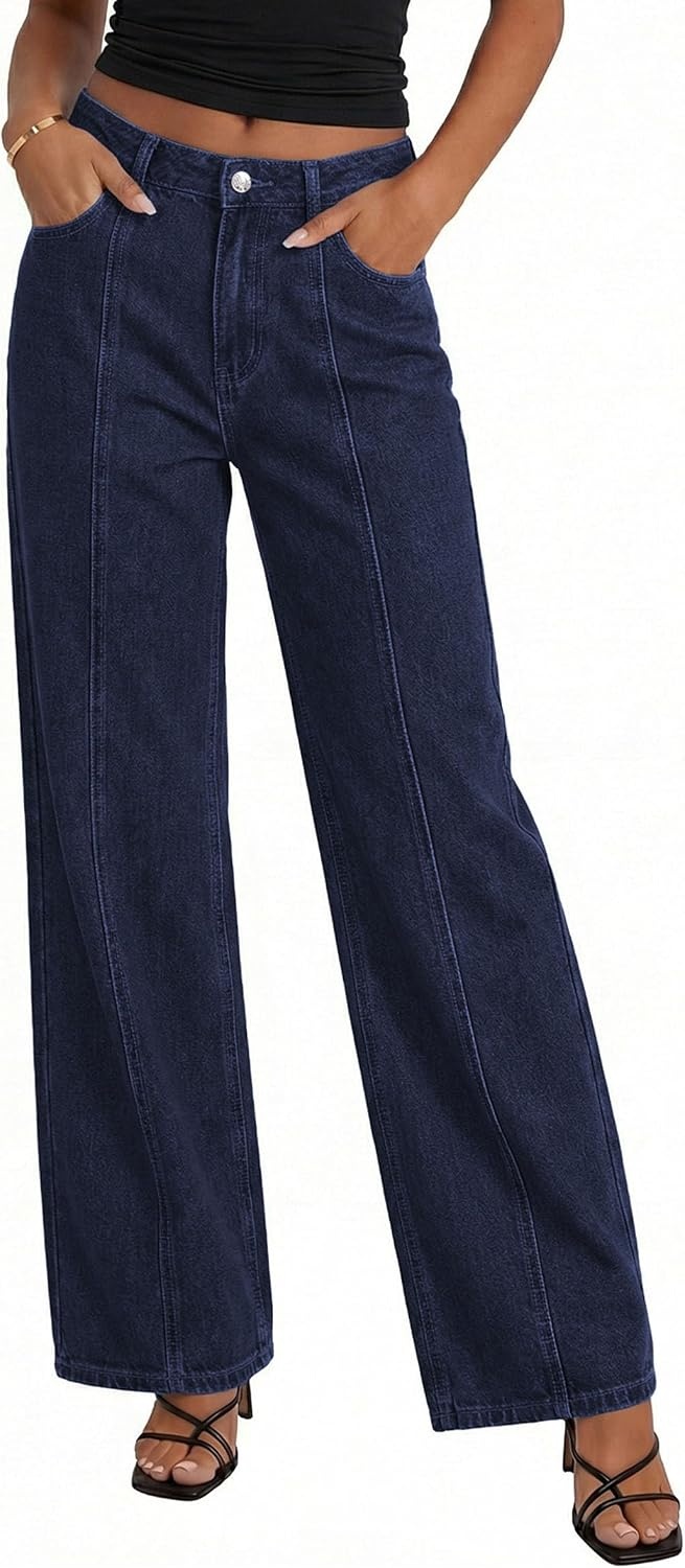 image:imagePRETTYGARDEN Womens Wide Leg Jeans Stretchy Baggy Denim PantsNavy Blue