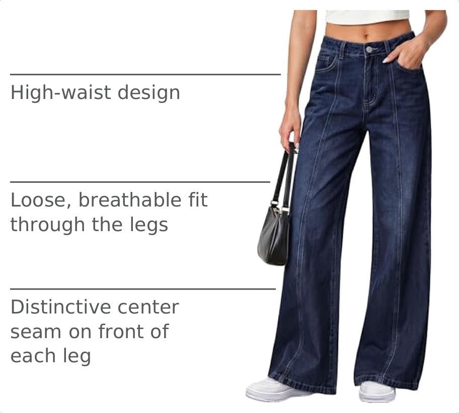 image:imagePRETTYGARDEN Womens Wide Leg Jeans Stretchy Baggy Denim PantsNavy Blue