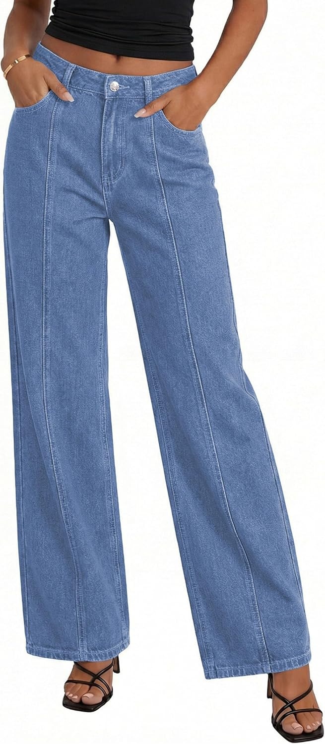 image:imagePRETTYGARDEN Womens Wide Leg Jeans Stretchy Baggy Denim PantsSky Blue