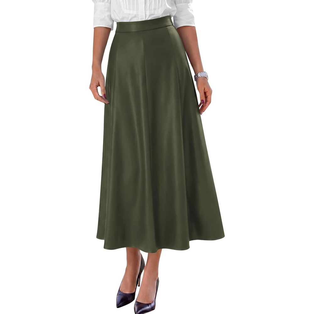 image:imagePRETTYGARDEN Womens Faux Leather High Waisted Midi SkirtArmy Green