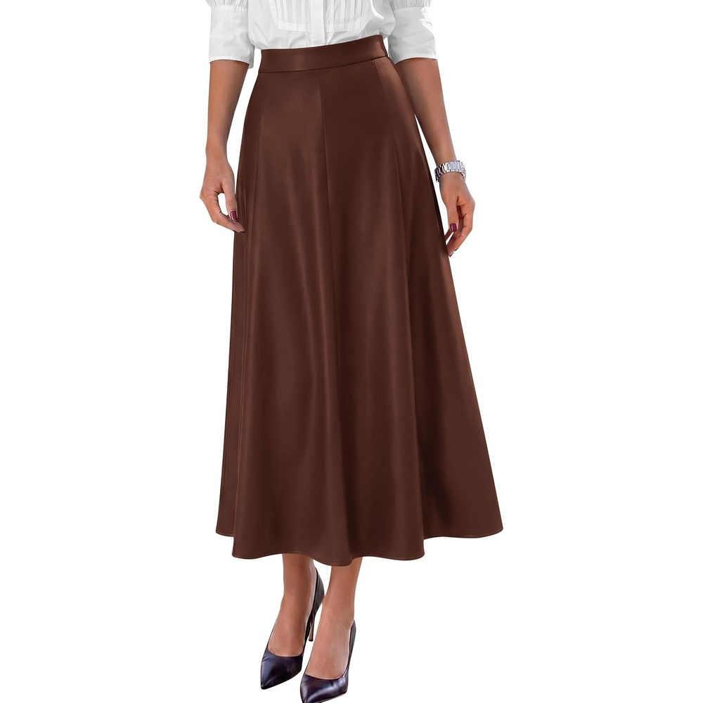 image:imagePRETTYGARDEN Womens Faux Leather High Waisted Midi SkirtCoffee