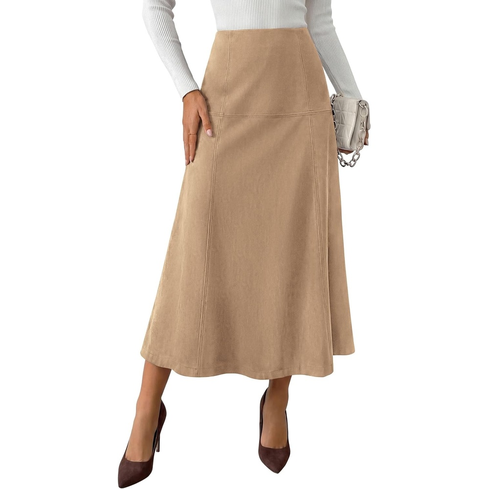 image:imagePRETTYGARDEN Womens High Waist Faux Suede A Line Midi SkirtApricot