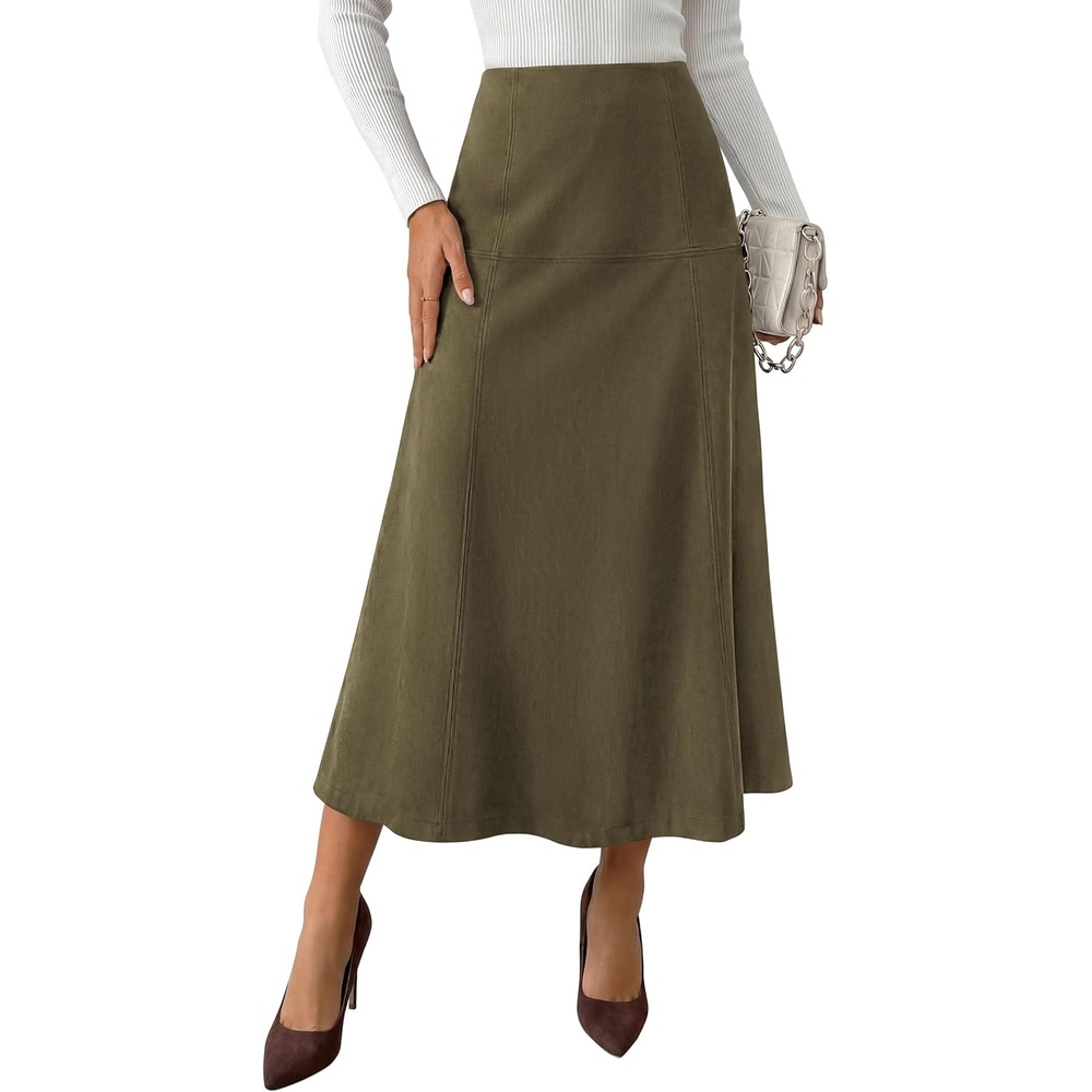 image:imagePRETTYGARDEN Womens High Waist Faux Suede A Line Midi SkirtArmy Green
