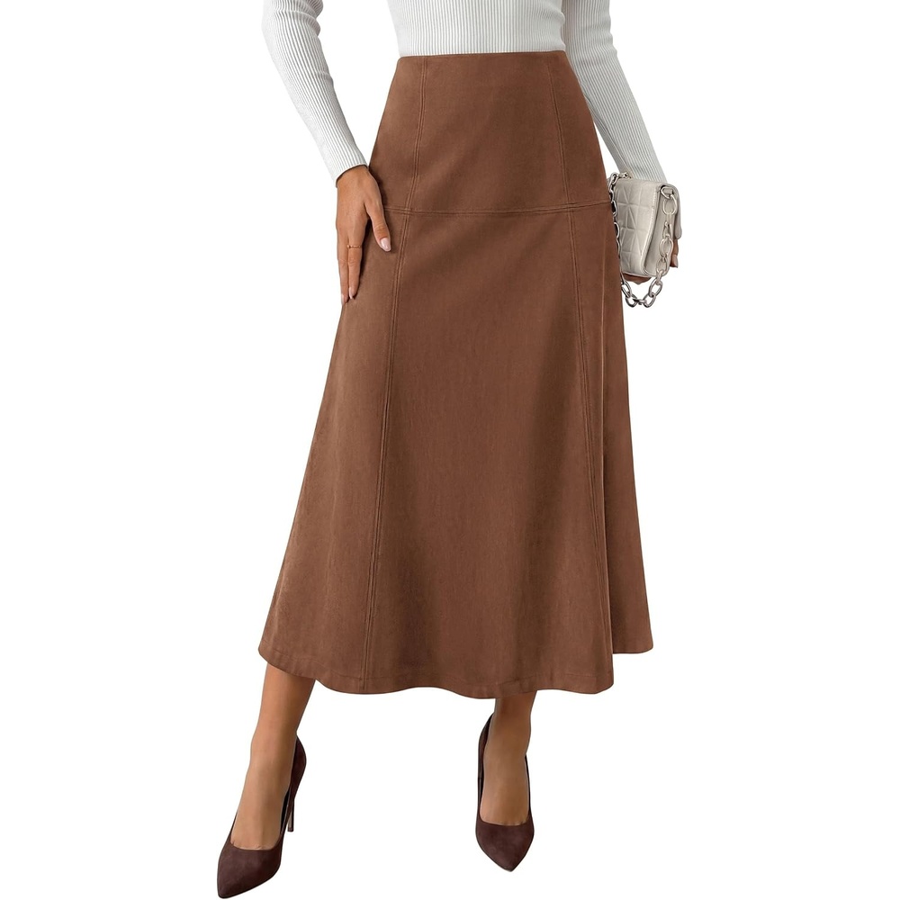 image:imagePRETTYGARDEN Womens High Waist Faux Suede A Line Midi SkirtBrown