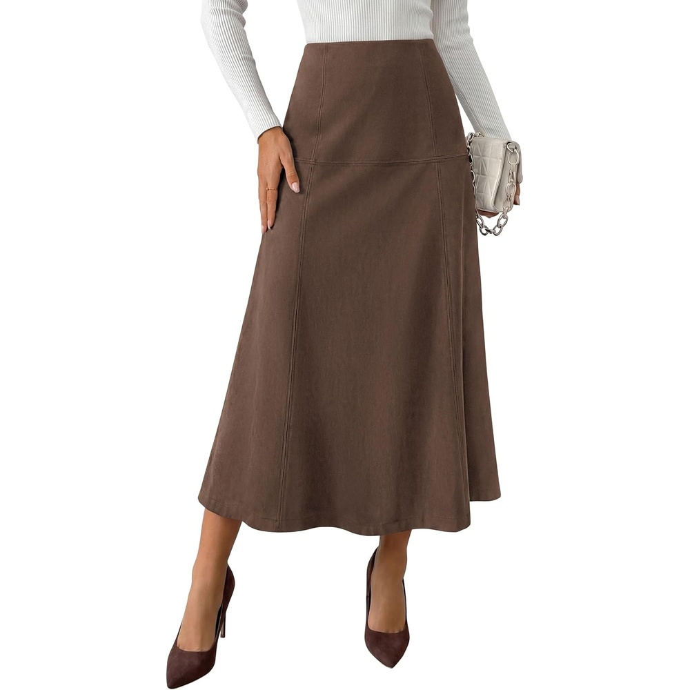 image:imagePRETTYGARDEN Womens High Waist Faux Suede A Line Midi SkirtDark Brown