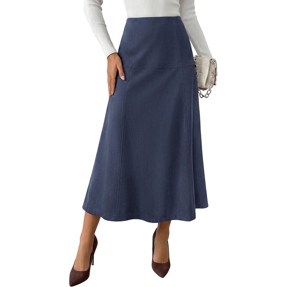 image:imagePRETTYGARDEN Womens High Waist Faux Suede A Line Midi SkirtNavy