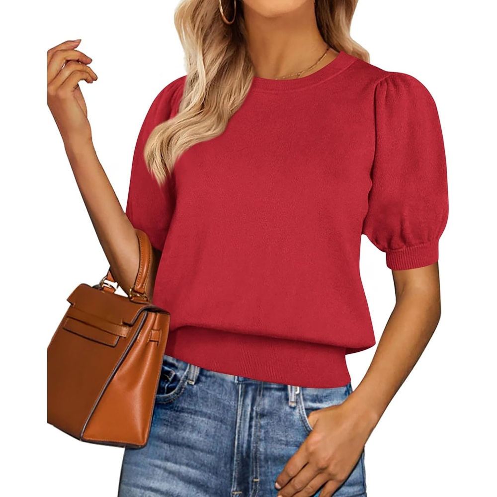 image:imagePRETTYGARDEN Womens Puff Short Sleeve Sweaters Summer 2026Red